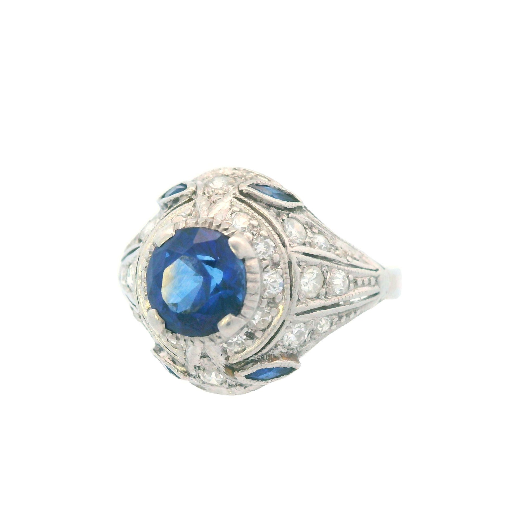 1915 Art Deco Platinum Diamond and Sapphire Ring