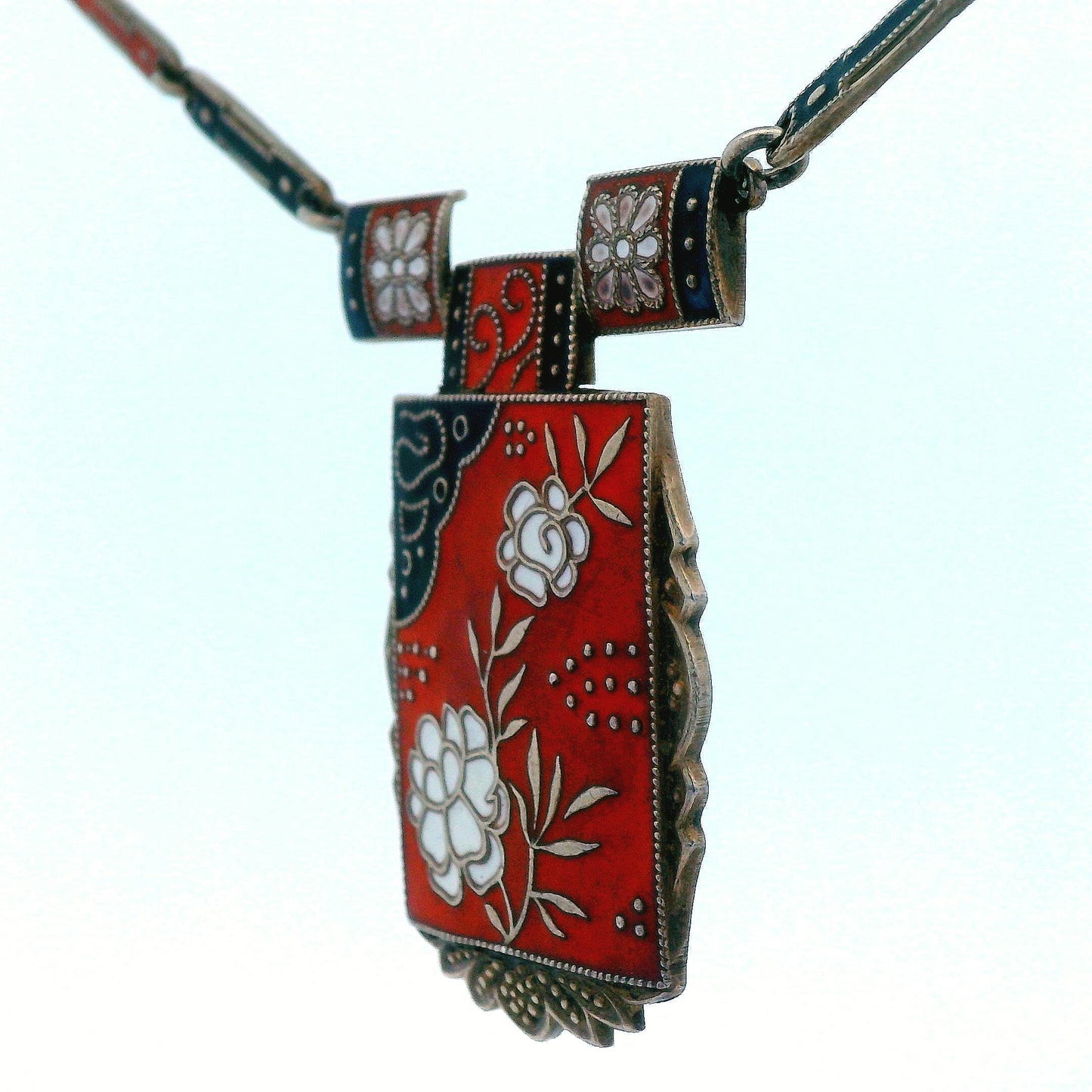 1910 Art Noveau Red, Black and White Enamel Sterling Silver Necklace
