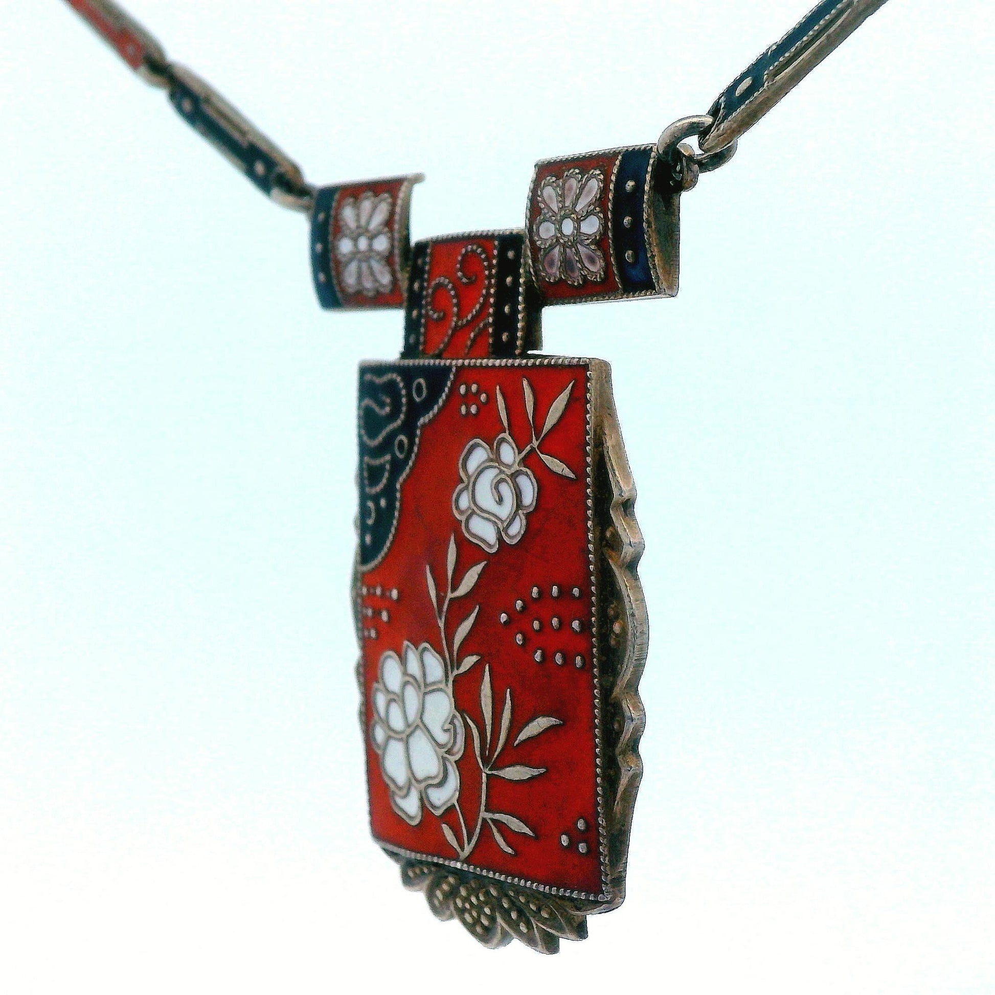 1910 Art Noveau Red, Black and White Enamel Sterling Silver Necklace