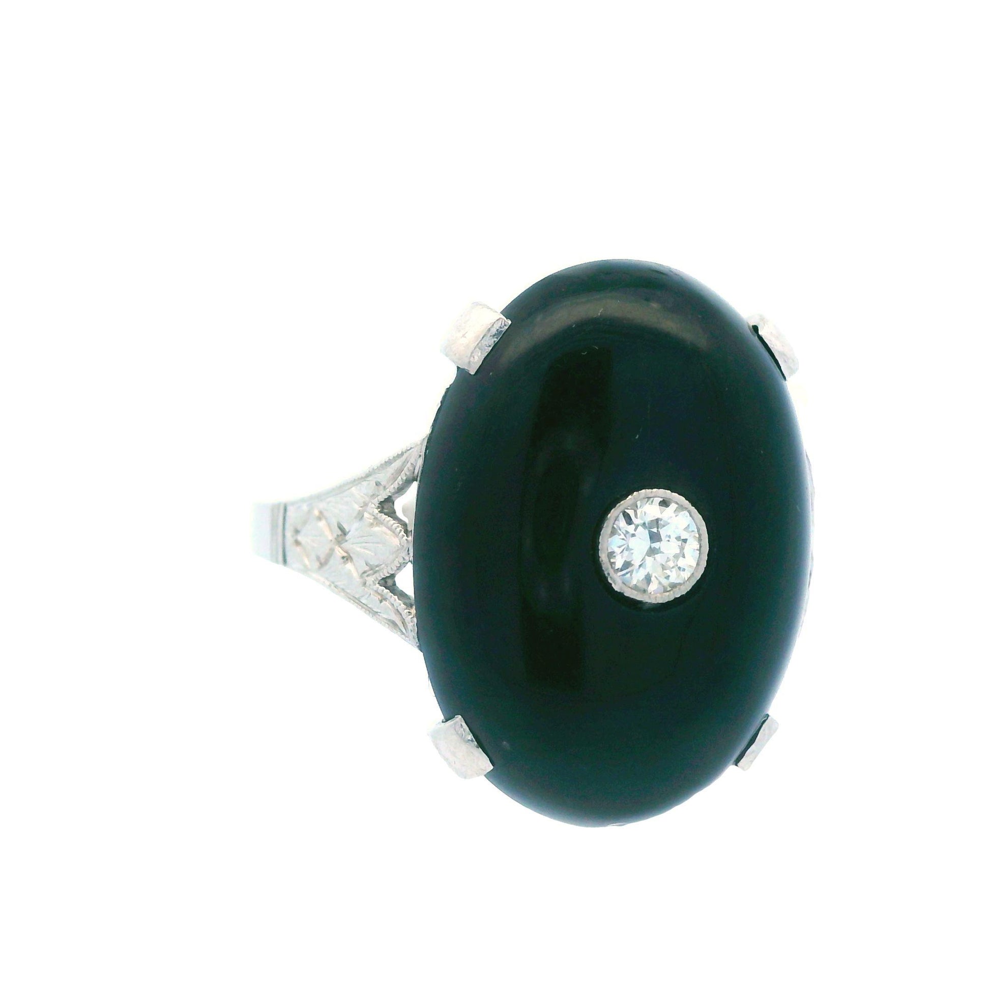 Deco 1920s Platinum Onyx and Diamond Ring