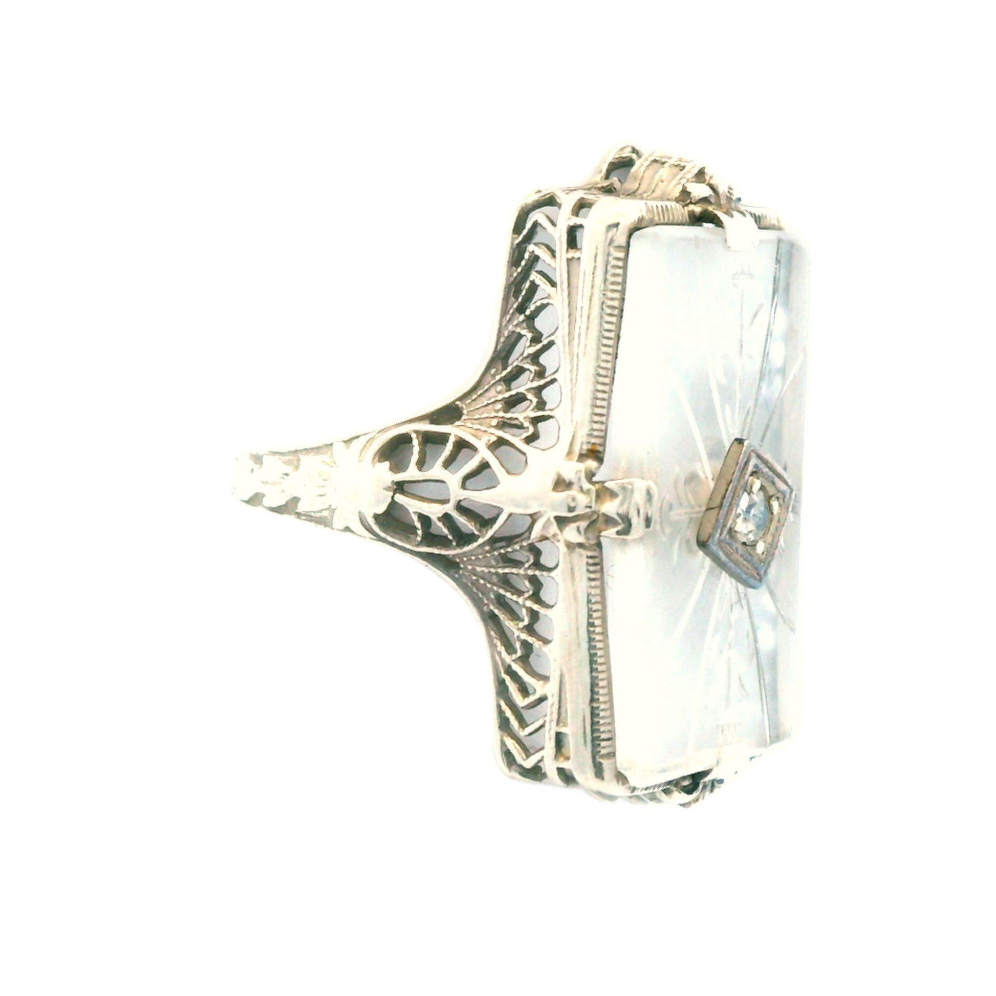 1920s Hand Carved Rock Crystal & Diamond 14k White Gold Filigree Ring