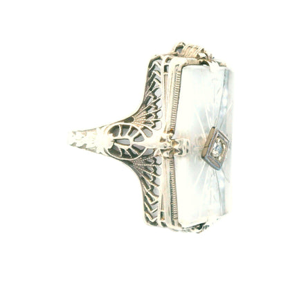 1920s Hand Carved Rock Crystal & Diamond 14k White Gold Filigree Ring