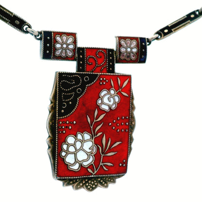 1910 Art Noveau Red, Black and White Enamel Sterling Silver Necklace