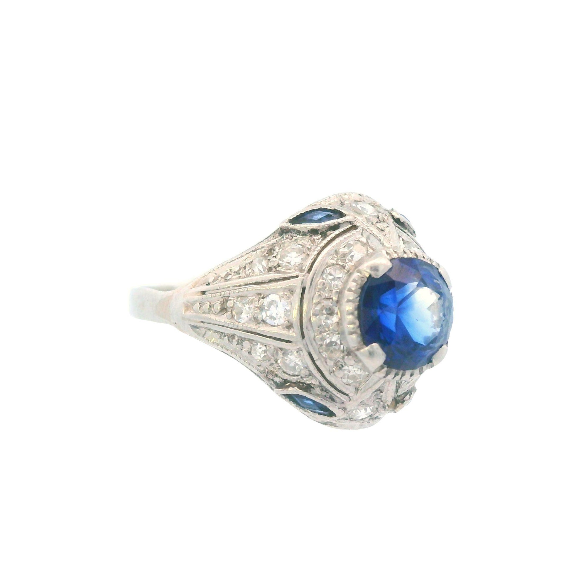 1915 Art Deco Platinum Diamond and Sapphire Ring