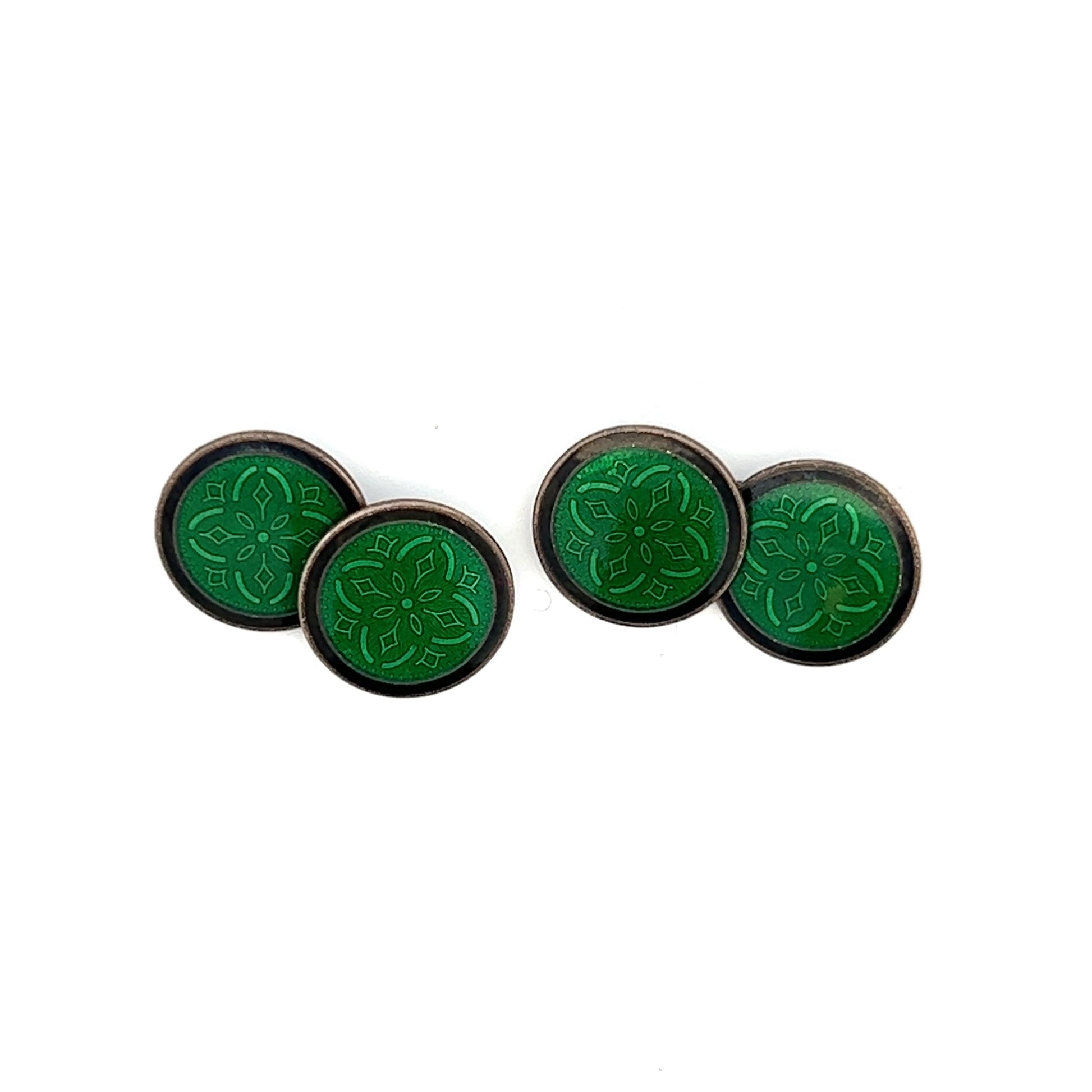 Krementz Green and Black Sterling Silver Art Deco Enameled Cufflinks