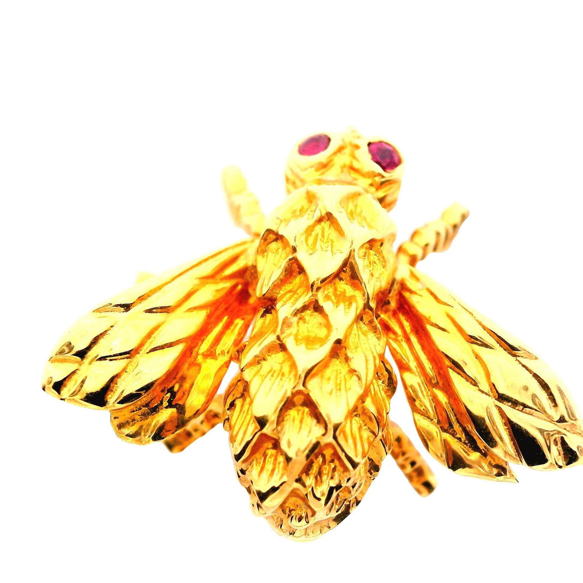 18k Yellow Gold Herbert Rosenthal Ruby Eyes Large Bee Pin/Brooch