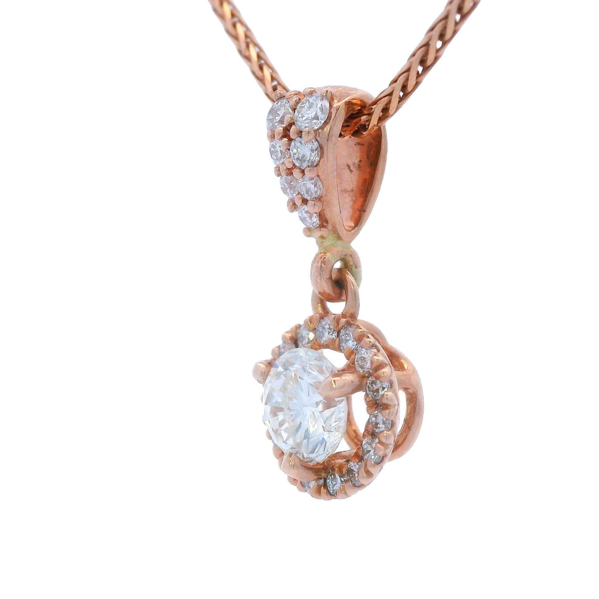 Contemporary 14k Rose Gold Diamond Drop Pendant w/ 18" Wheat Chain