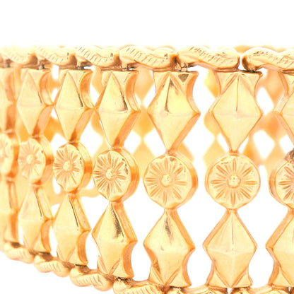 1950s 18k Yellow Gold Italian Fancy Link Bracelet 1 Inch Wide