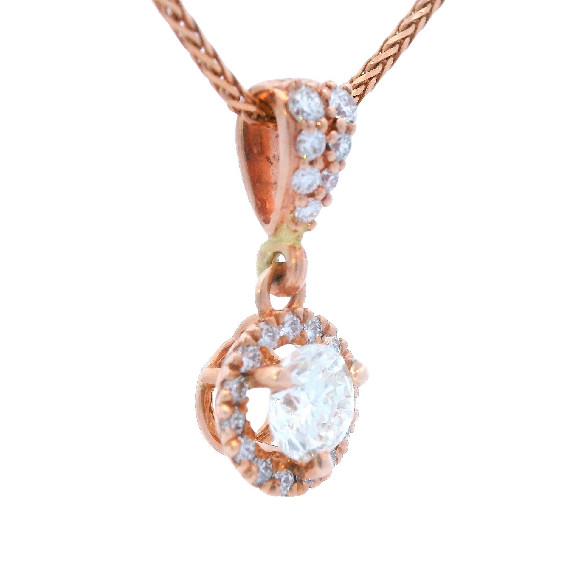 Contemporary 14k Rose Gold Diamond Drop Pendant w/ 18" Wheat Chain