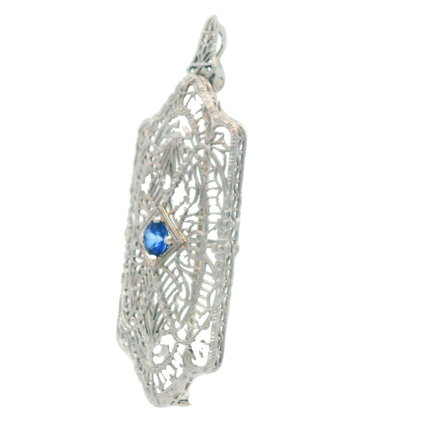 1920's Filigree Platinum Over 14K WG Gold Bright Blue Sapphire Pin/Pendant