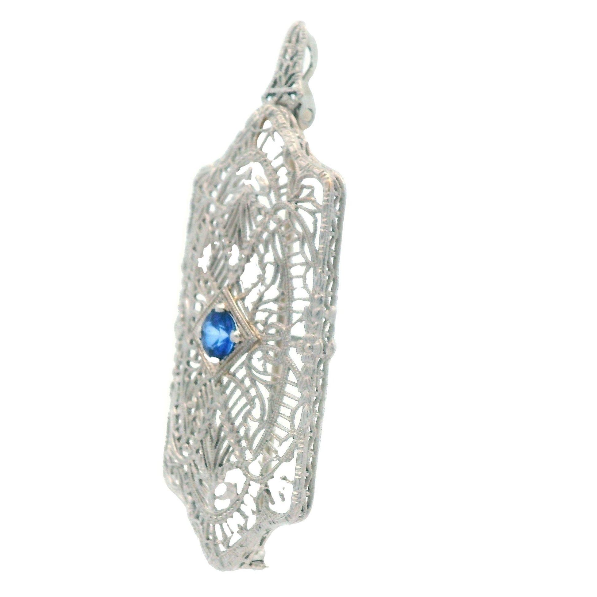 1920's Filigree Platinum Over 14K WG Gold Bright Blue Sapphire Pin/Pendant