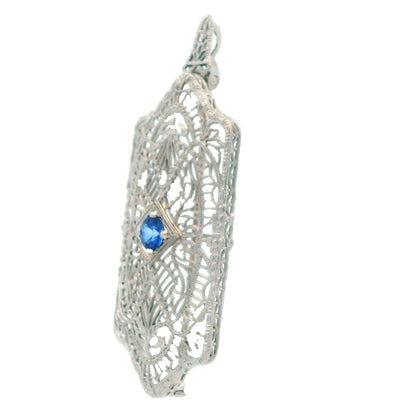 1920's Filigree Platinum Over 14K WG Gold Bright Blue Sapphire Pin/Pendant