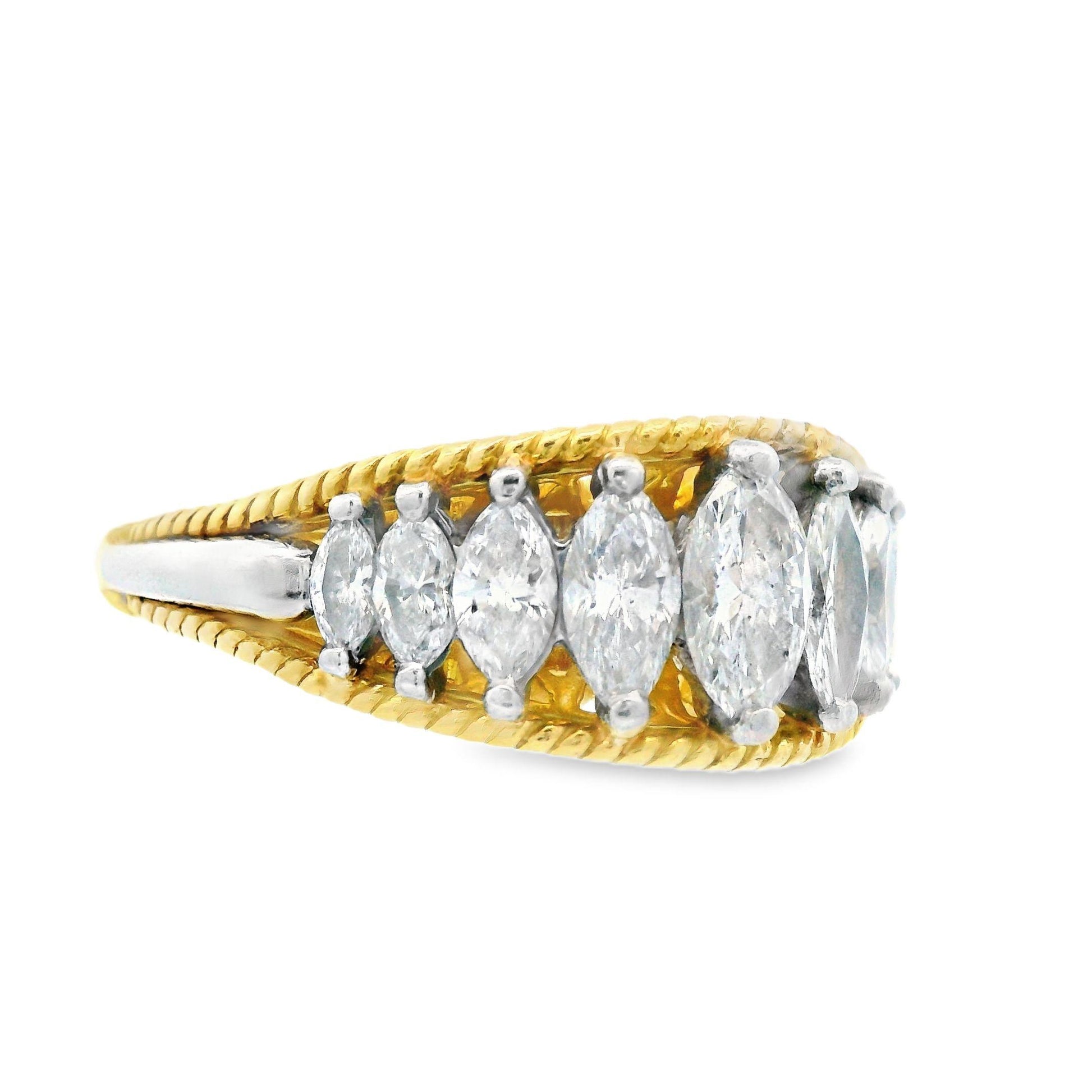 1970s Platinum and 18K Yellow Gold Marquise Diamond Band w/ Independent App.