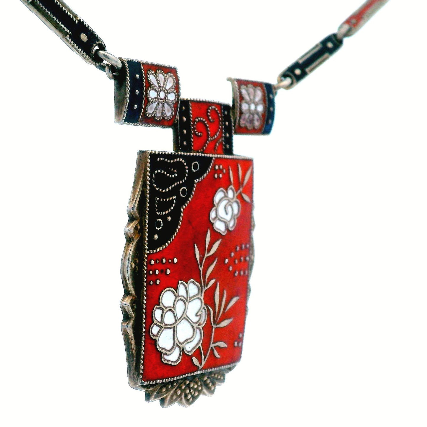 1910 Art Noveau Red, Black and White Enamel Sterling Silver Necklace