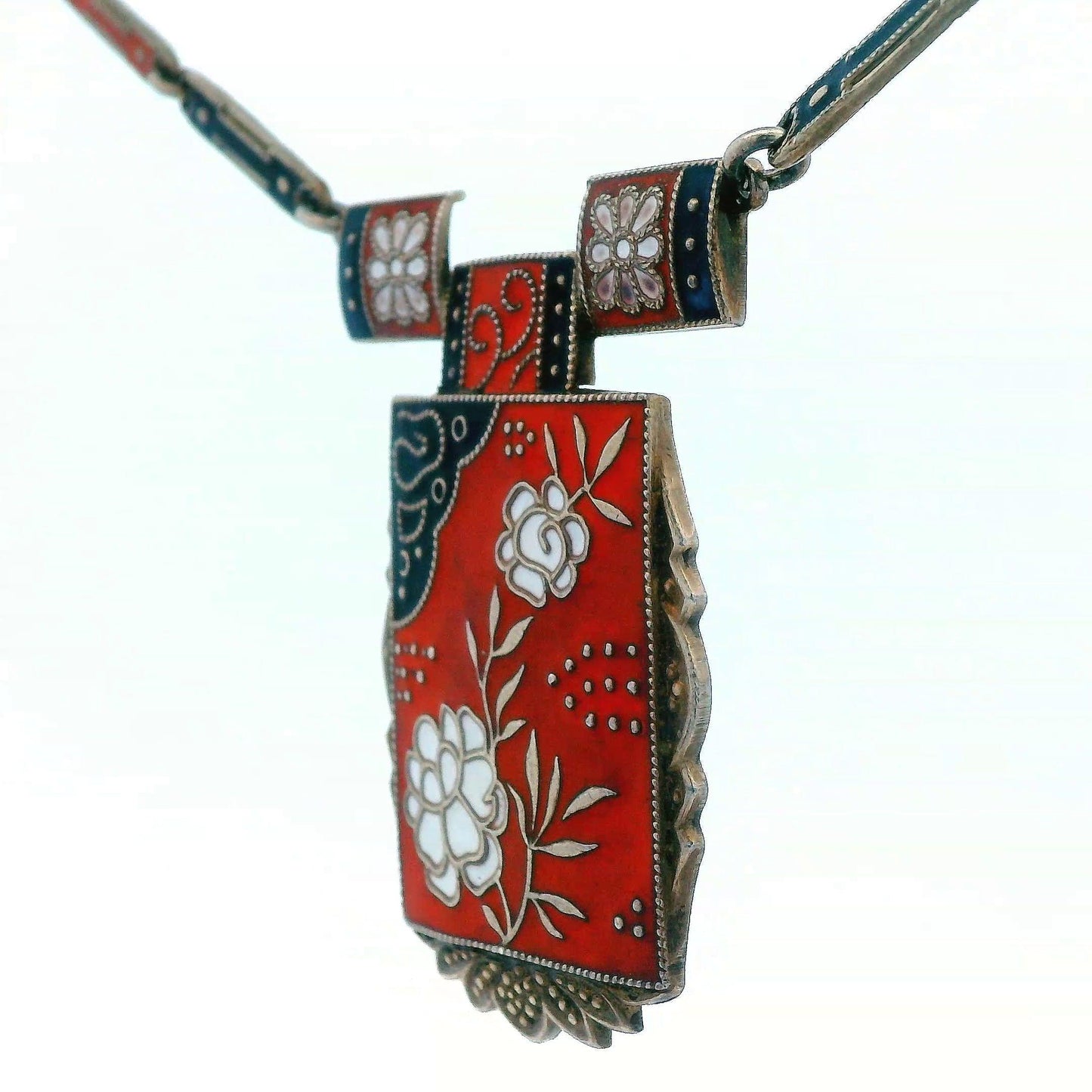 1910 Art Noveau Red, Black and White Enamel Sterling Silver Necklace