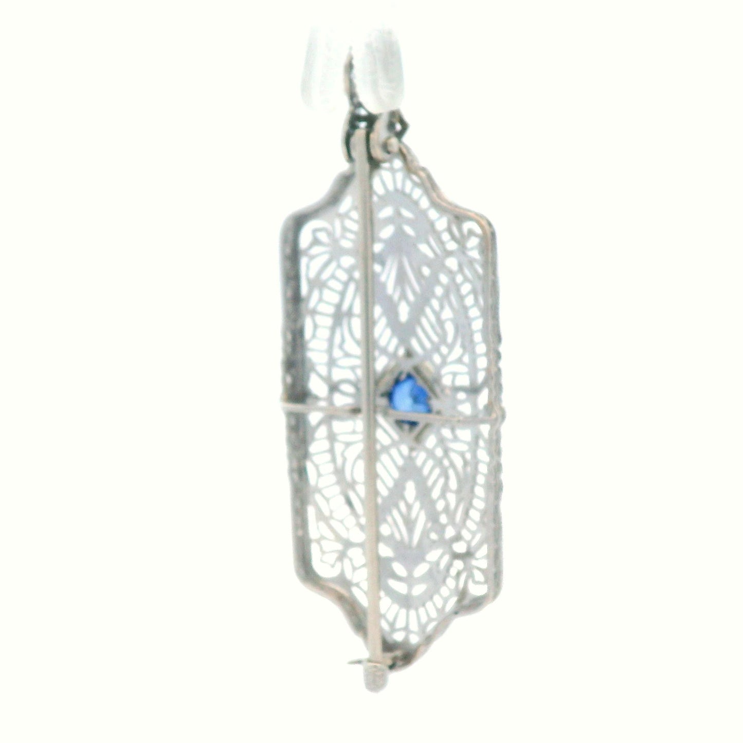 1920's Filigree Platinum Over 14K WG Gold Bright Blue Sapphire Pin/Pendant