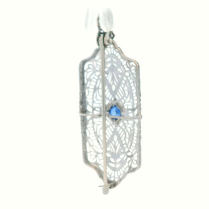 1920's Filigree Platinum Over 14K WG Gold Bright Blue Sapphire Pin/Pendant
