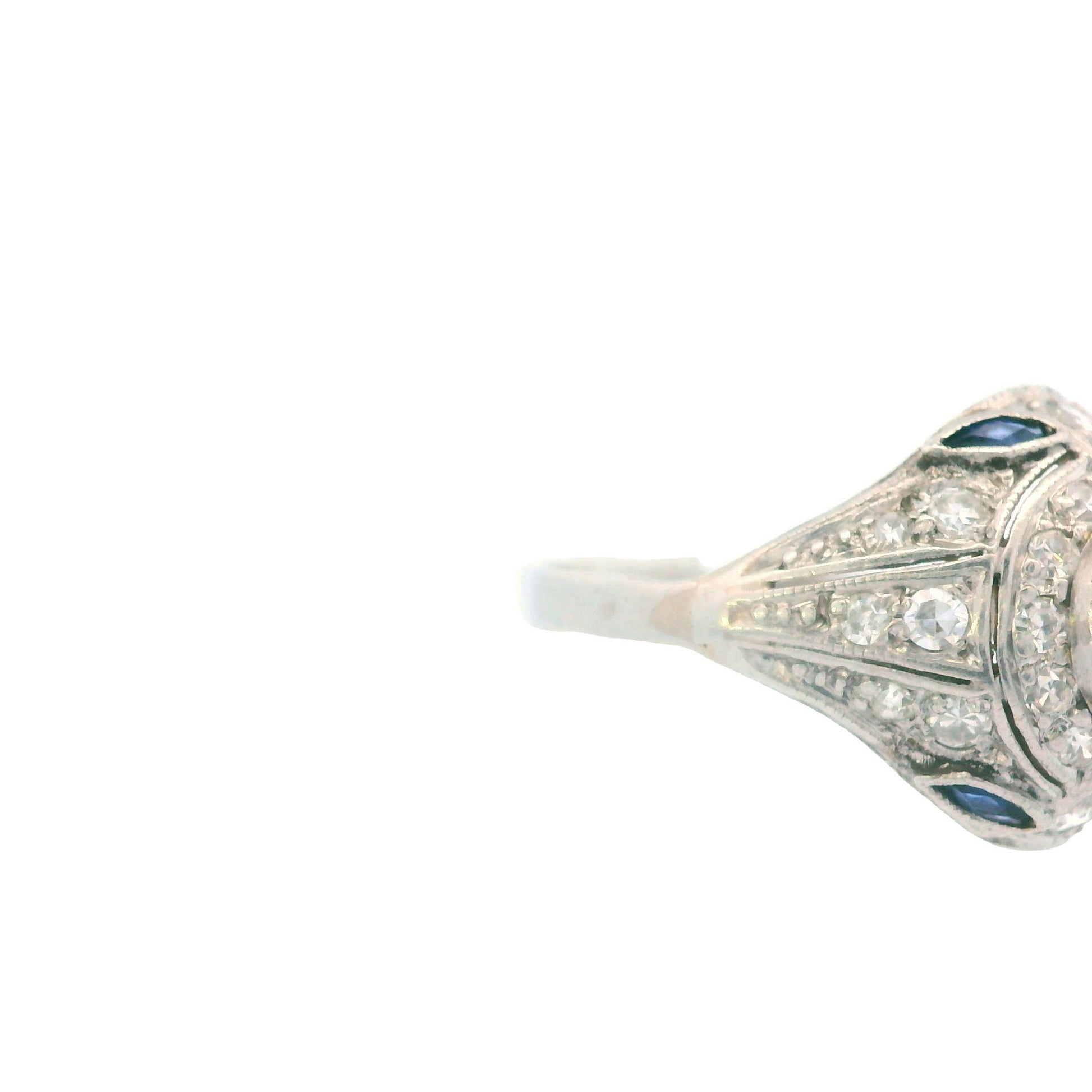 1915 Art Deco Platinum Diamond and Sapphire Ring