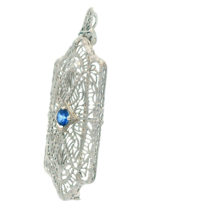 1920's Filigree Platinum Over 14K WG Gold Bright Blue Sapphire Pin/Pendant