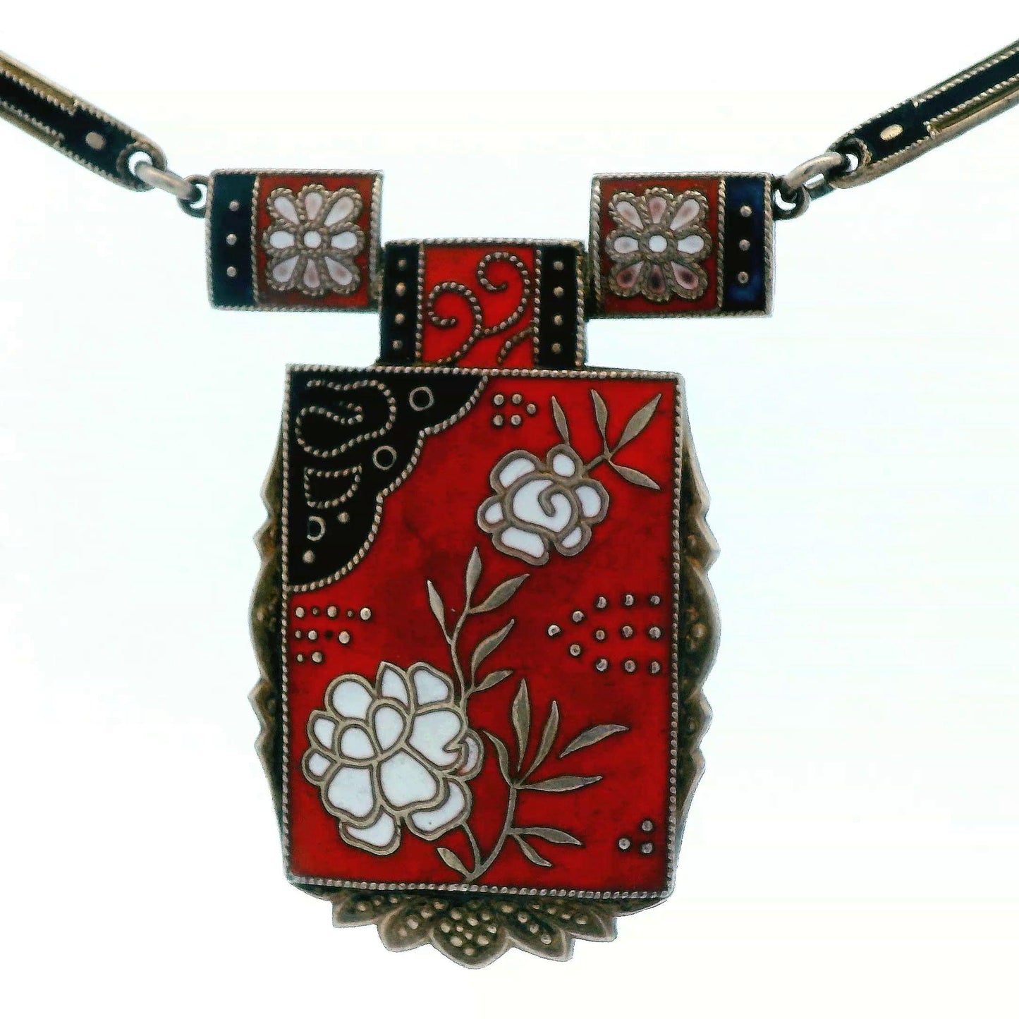 1910 Art Noveau Red, Black and White Enamel Sterling Silver Necklace