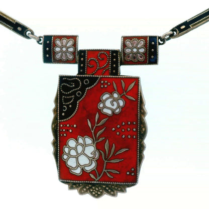 1910 Art Noveau Red, Black and White Enamel Sterling Silver Necklace