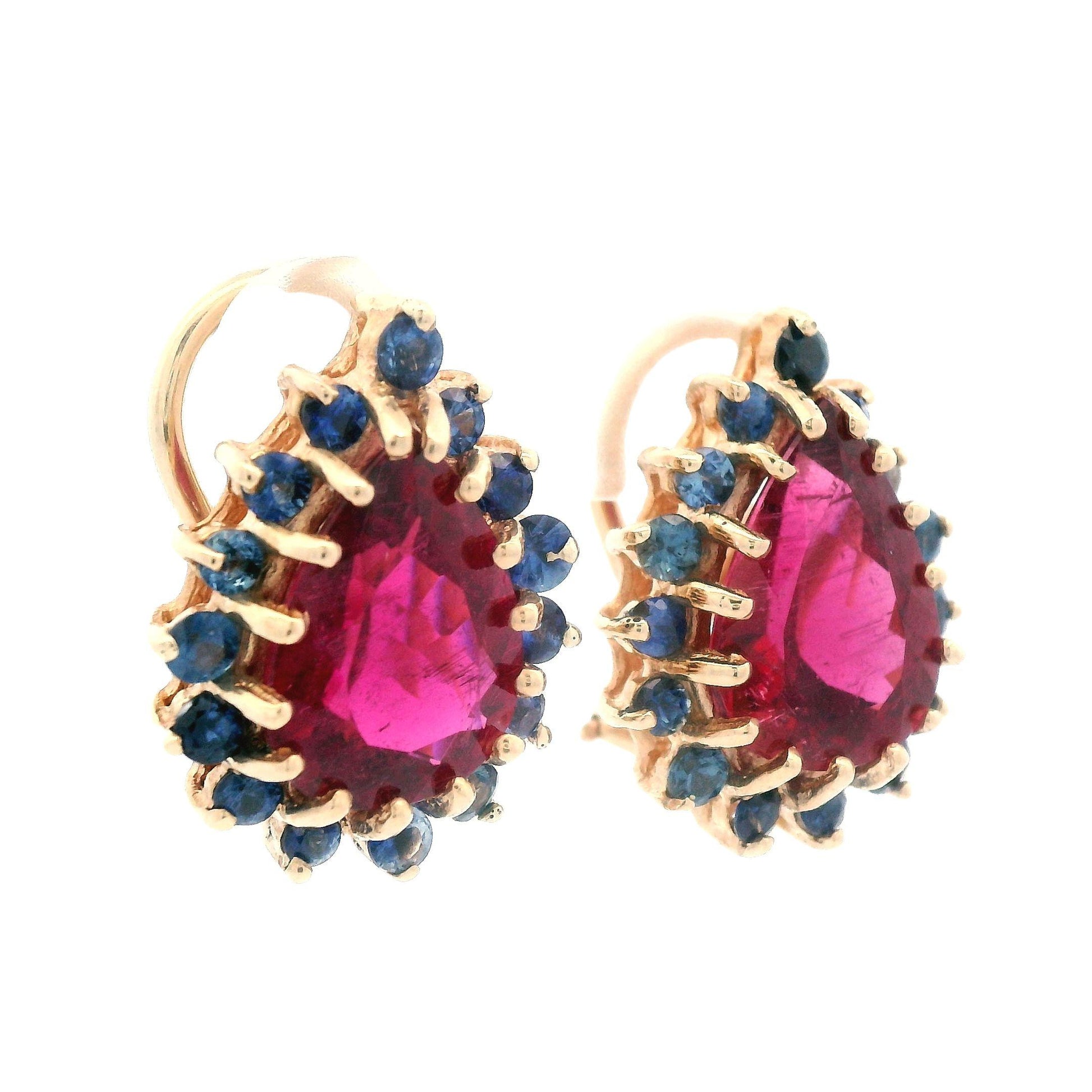 1980s 14K Yellow Gold Natural Reddish Pink Tourmaline and Blue Sapphire Earrings