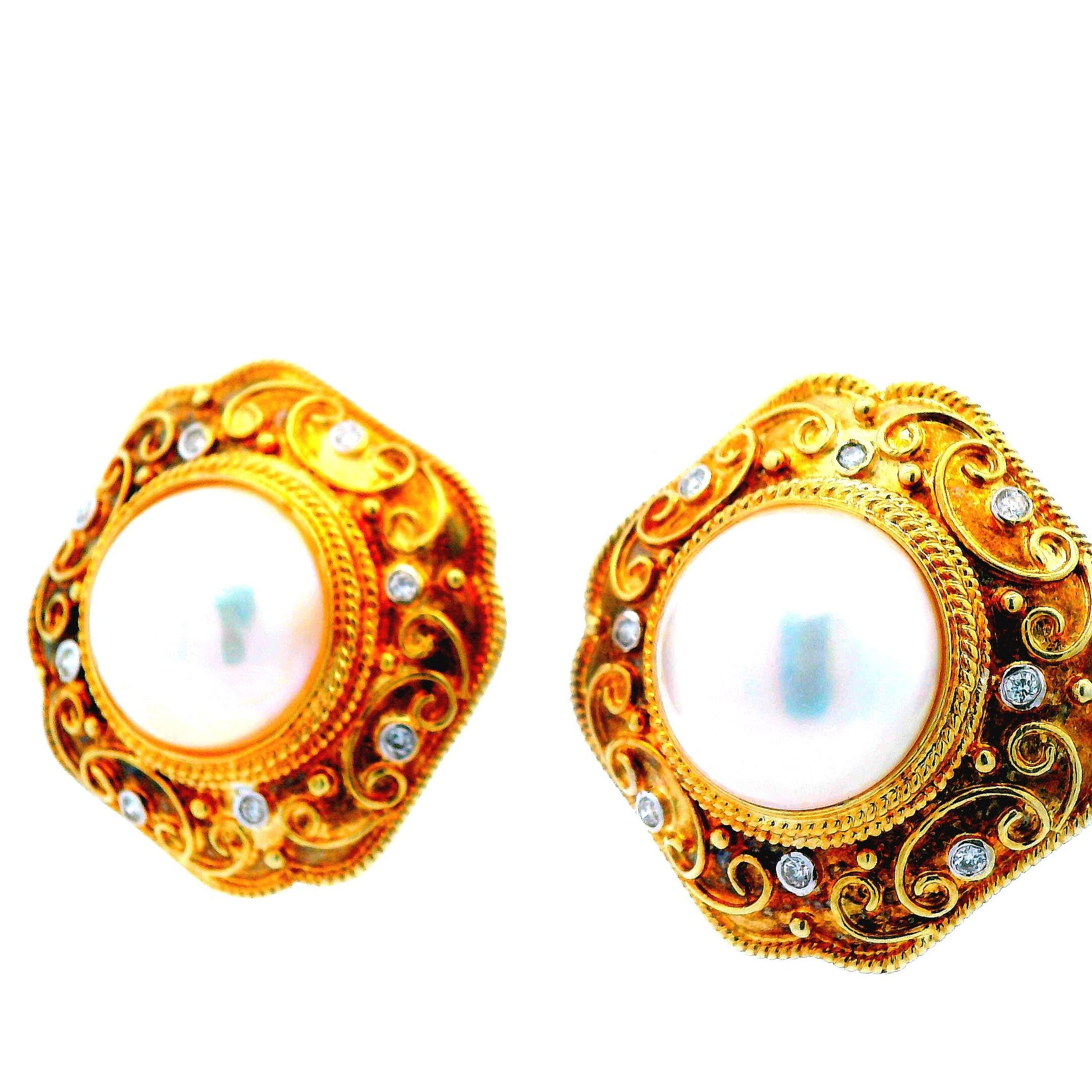 14K Yellow Gold 14.5mm Mabe Peal and Diamond Earrings