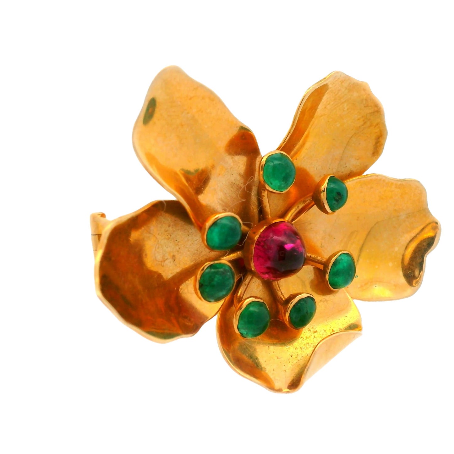 Mic Neugel MCM 18k Yellow Gold Tourmaline and Emerald Flower Brooch