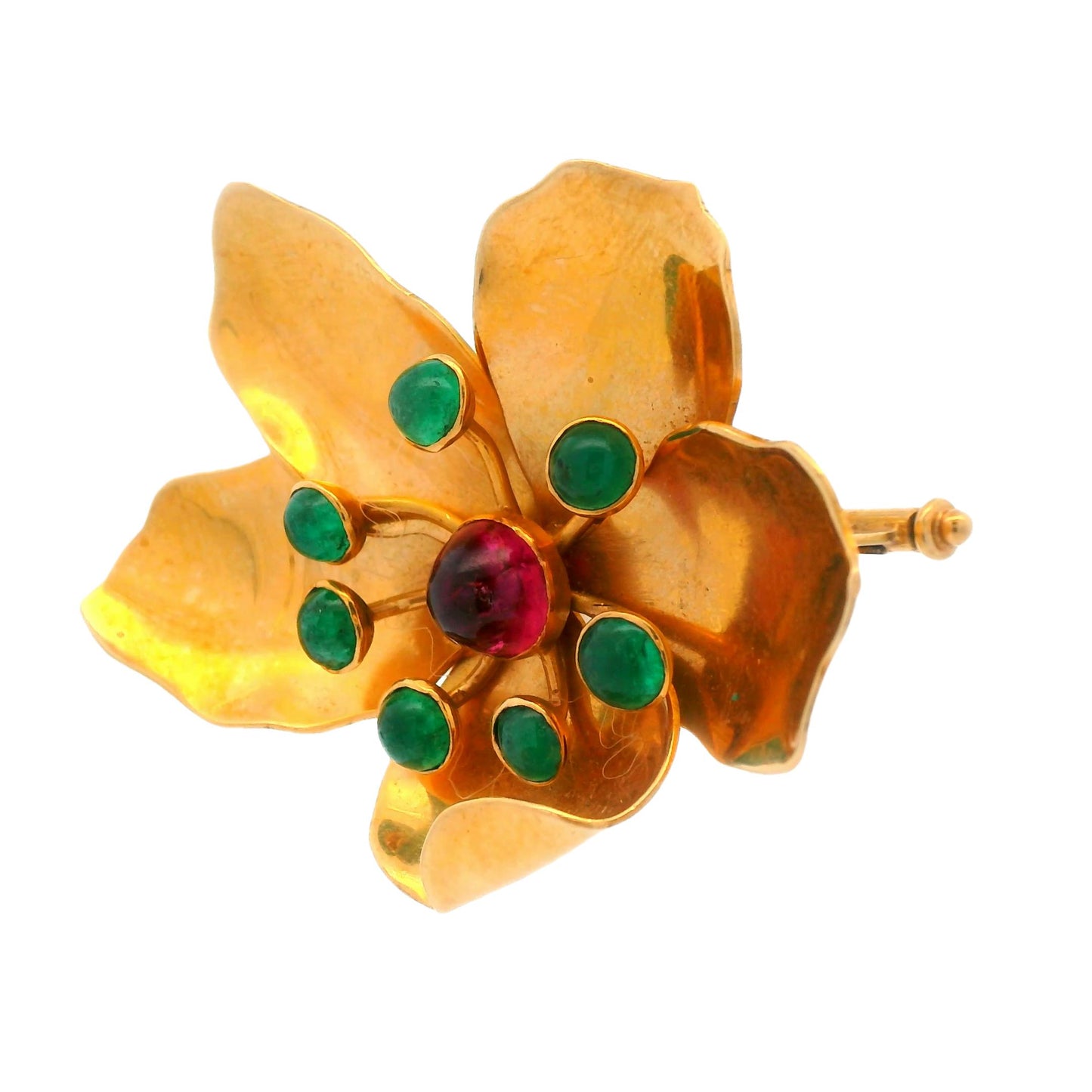 Mic Neugel MCM 18k Yellow Gold Tourmaline and Emerald Flower Brooch