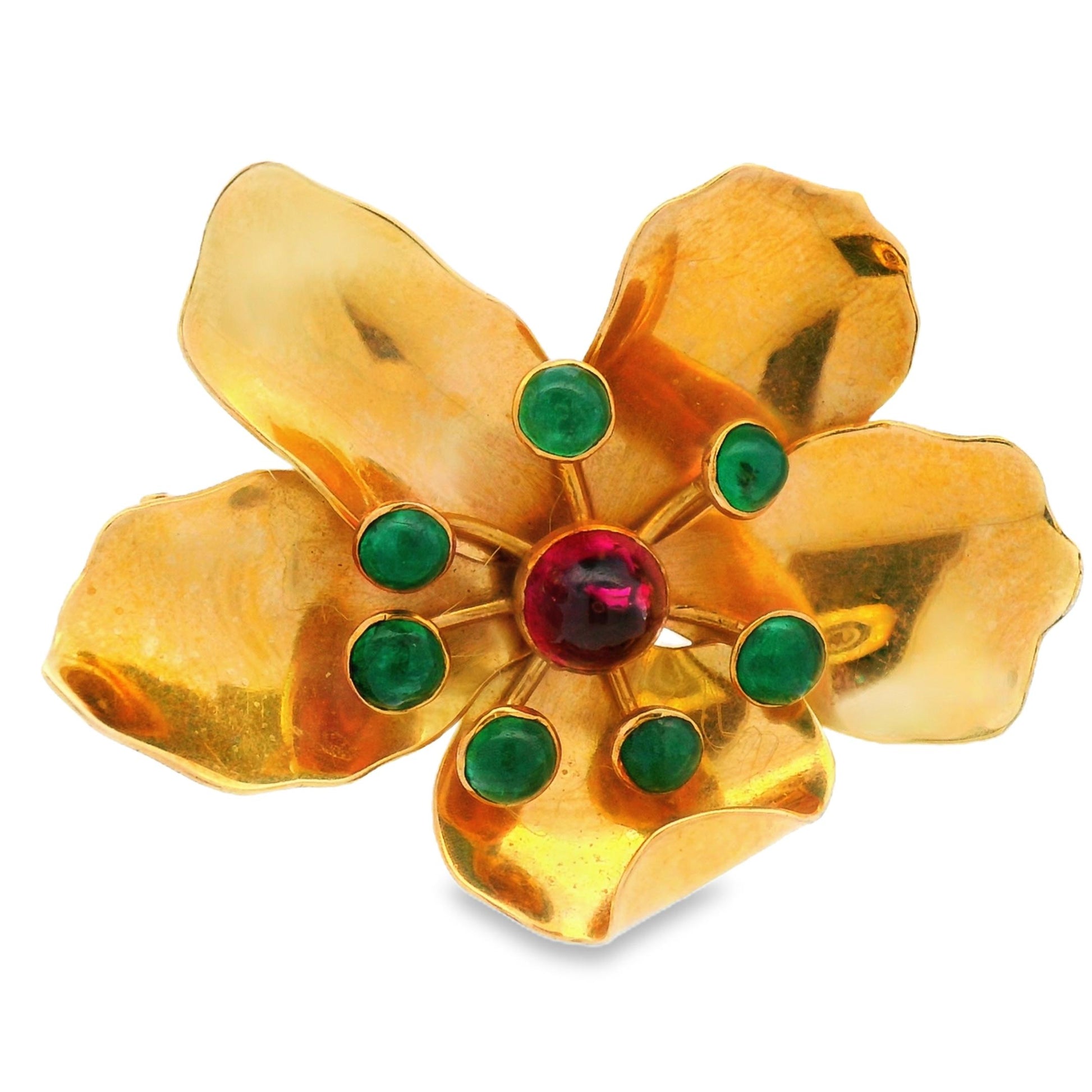 Mic Neugel MCM 18k Yellow Gold Tourmaline and Emerald Flower Brooch
