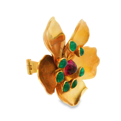 Mic Neugel MCM 18k Yellow Gold Tourmaline and Emerald Flower Brooch