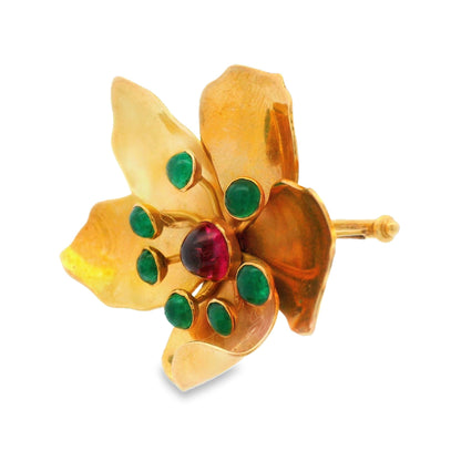 Mic Neugel MCM 18k Yellow Gold Tourmaline and Emerald Flower Brooch