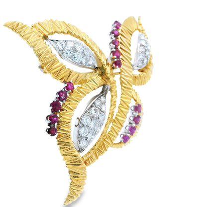 Contemporary 18k Yellow and White Gold Butterfly Pin/Pendant w/Ruby & Diamond
