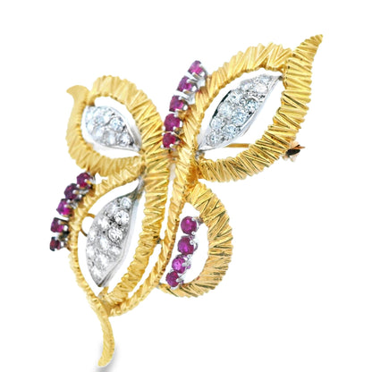 Contemporary 18k Yellow and White Gold Butterfly Pin/Pendant w/Ruby & Diamond