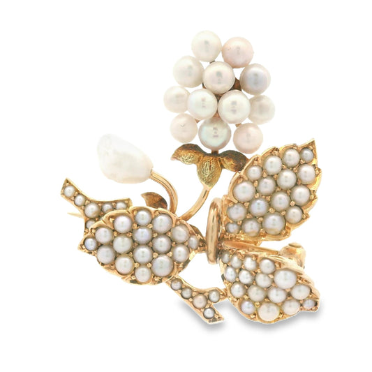 1890s 14k Yellow Gold Bippart, Griscom & Osborn Seed Pearl Grape Vine Brooch