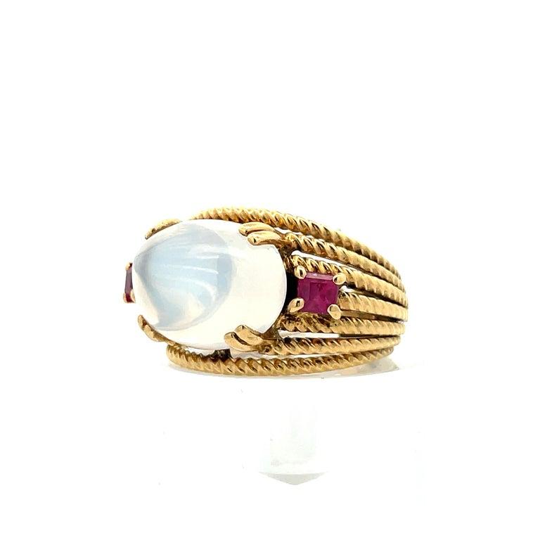 18K Yellow Gold Contemporary-Designer handmade Moonstone & RED Ruby Ring