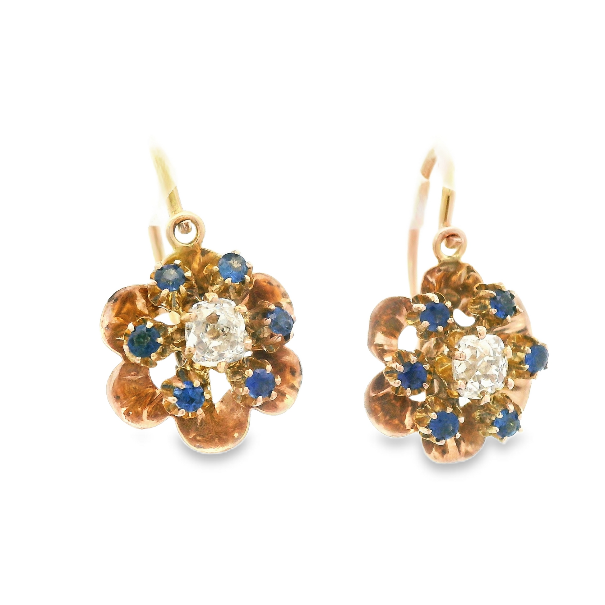Close-up of the 1890 Victorian 14K rose gold flower drop earrings, highlighting the brilliant diamonds and vibrant sapphires in the intricate floral design