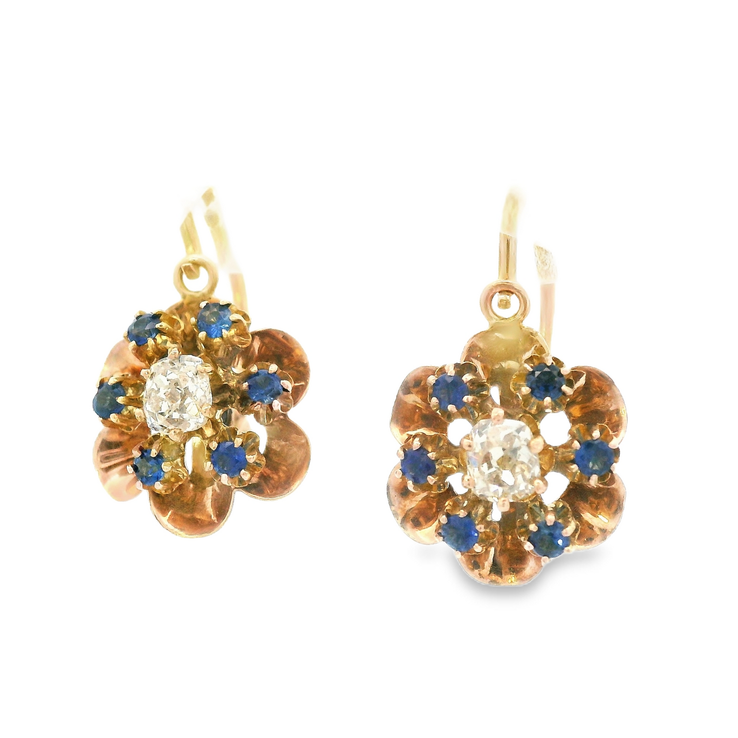 1890 Victorian 14k Rose Gold Diamond/Sapphire Flower Drop Earrings