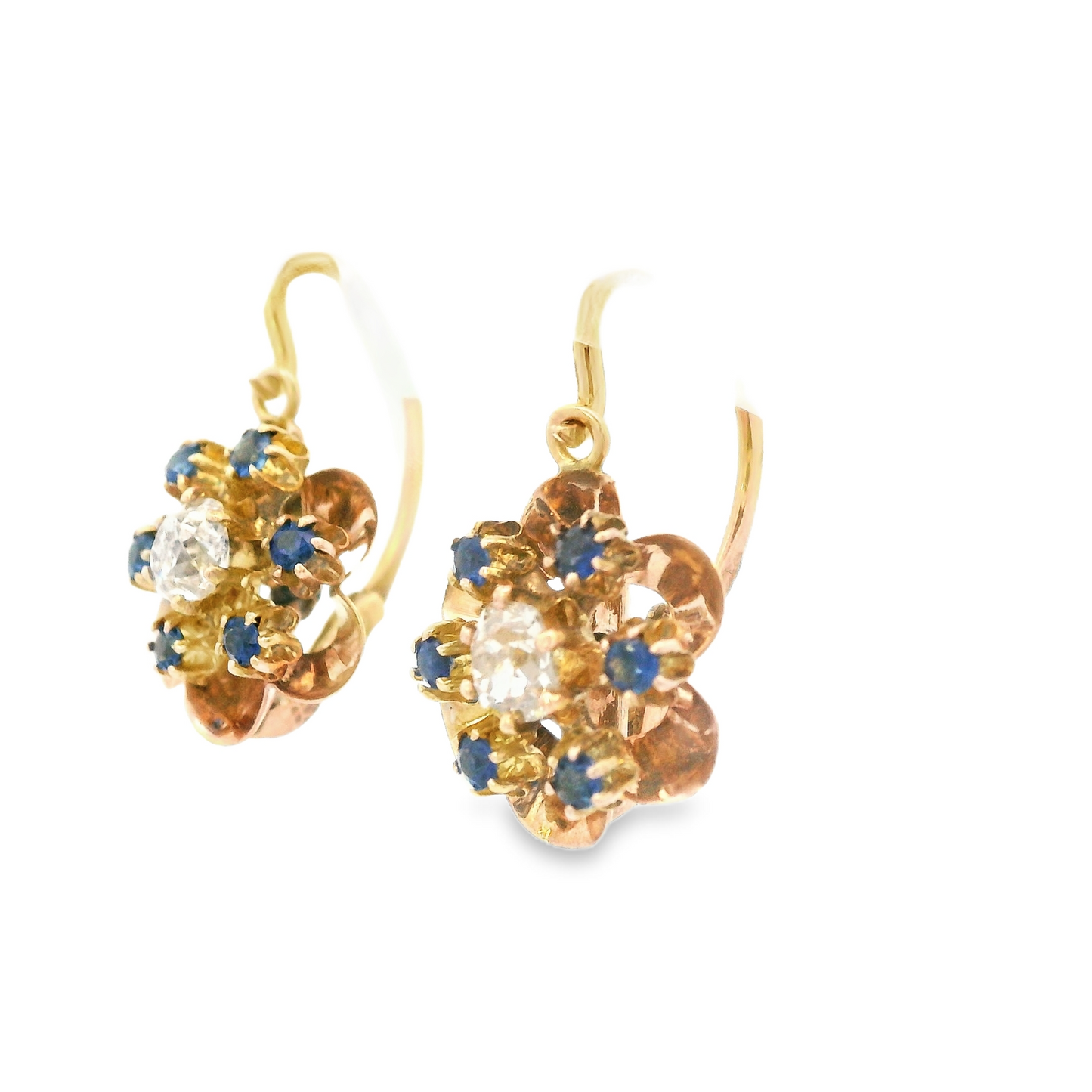 1890 Victorian 14k Rose Gold Diamond/Sapphire Flower Drop Earrings