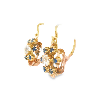 1890 Victorian 14k Rose Gold Diamond/Sapphire Flower Drop Earrings