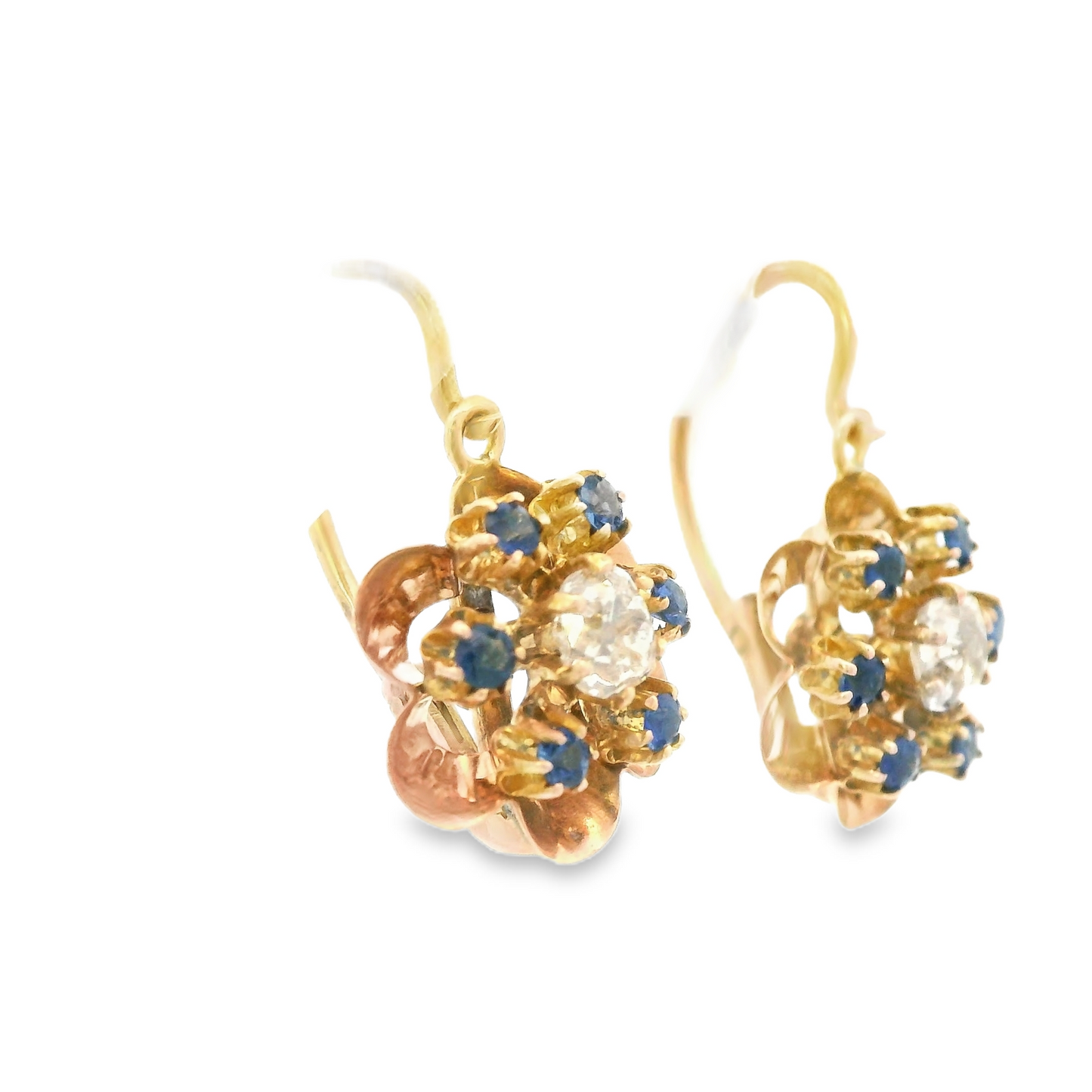 1890 Victorian 14k Rose Gold Diamond/Sapphire Flower Drop Earrings