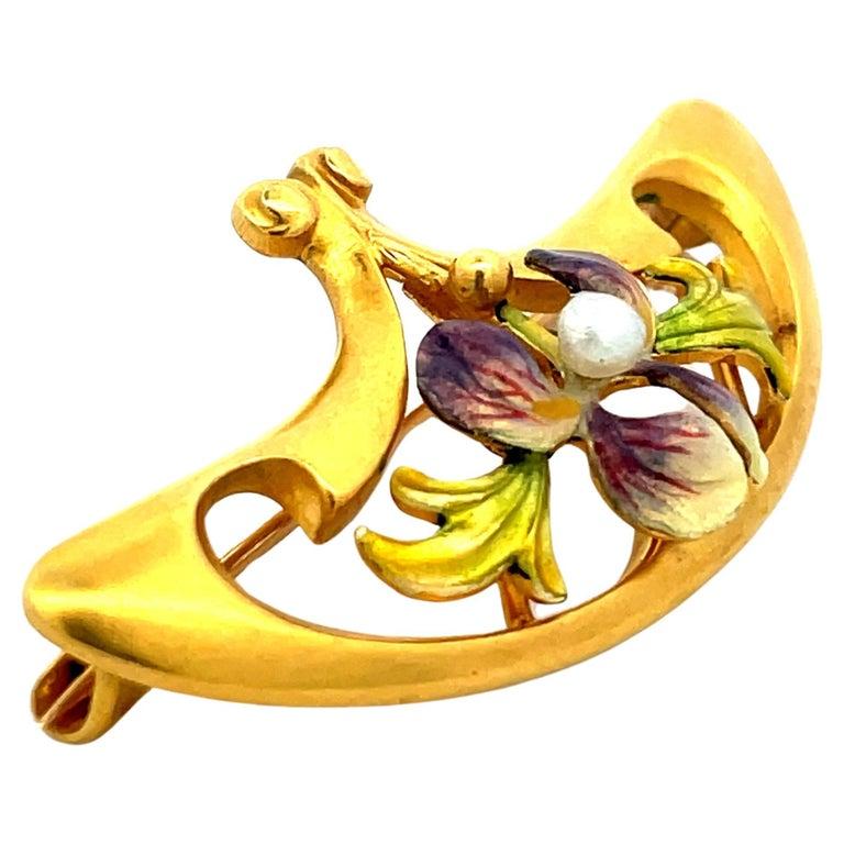 1890 Art Nouveau 14K Yellow Gold Krementz Iris with Pearl Broach
