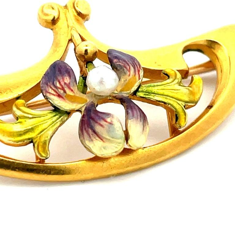 1890 Art Nouveau 14K Yellow Gold Krementz Iris with Pearl Broach