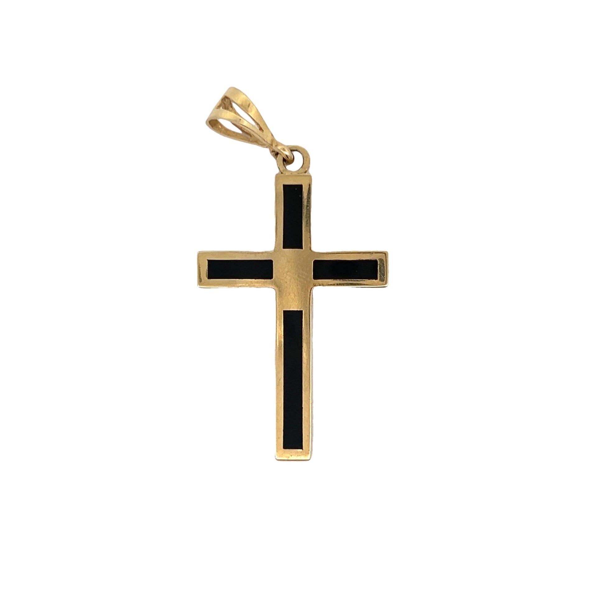 Contemporary 14k Yellow Gold Cross Pendant with Inlaid Black Onyx