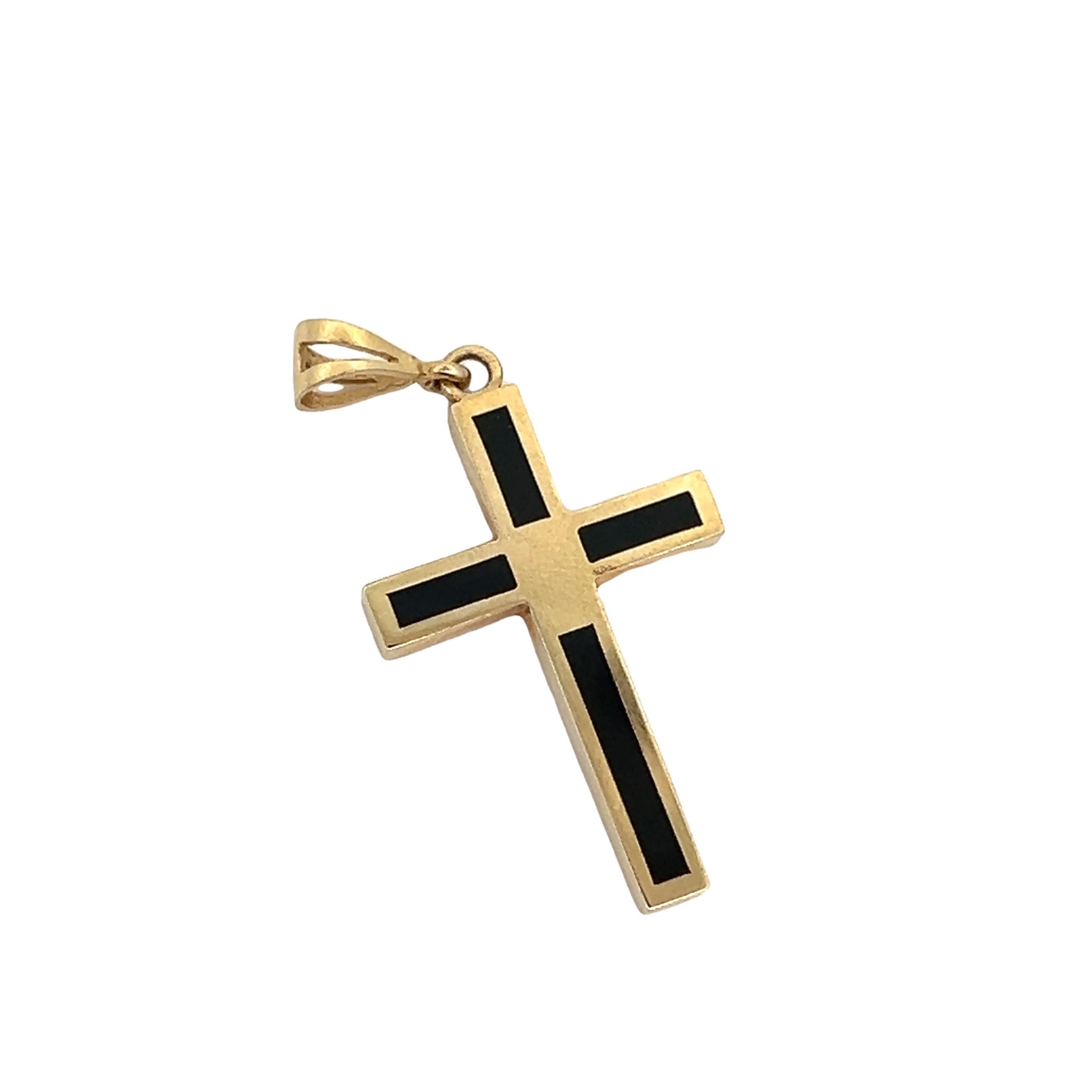 Contemporary 14k Yellow Gold Cross Pendant with Inlaid Black Onyx