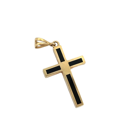 Contemporary 14k Yellow Gold Cross Pendant with Inlaid Black Onyx
