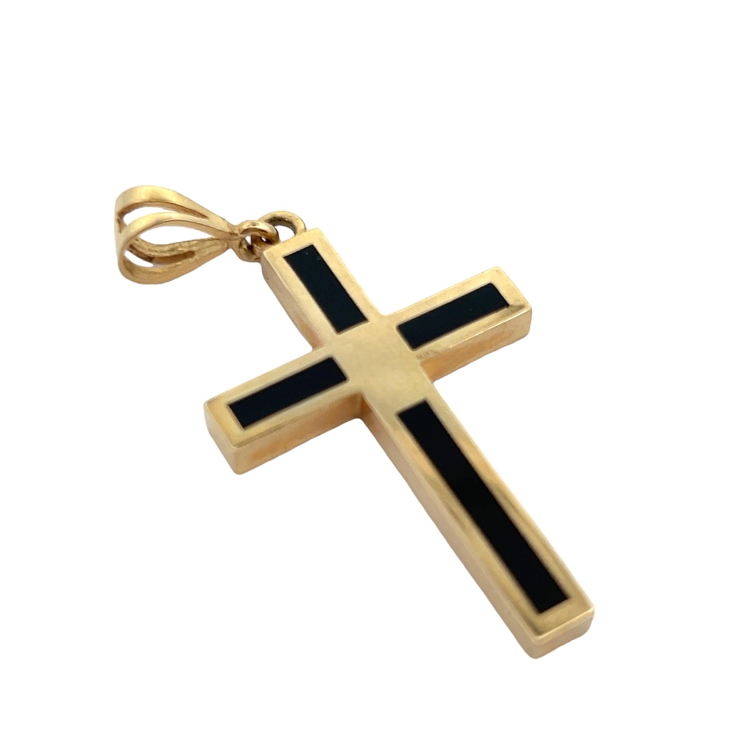 Contemporary 14k Yellow Gold Cross Pendant with Inlaid Black Onyx