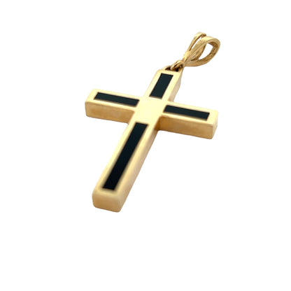 Contemporary 14k Yellow Gold Cross Pendant with Inlaid Black Onyx
