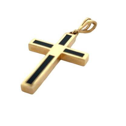 Contemporary 14k Yellow Gold Cross Pendant with Inlaid Black Onyx