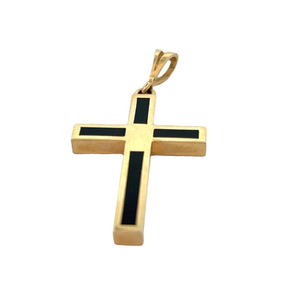 Contemporary 14k Yellow Gold Cross Pendant with Inlaid Black Onyx
